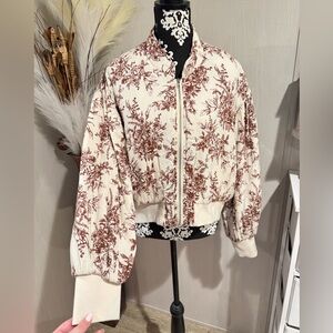 Elegant Floral Bomber Jacket - Cream and Brown